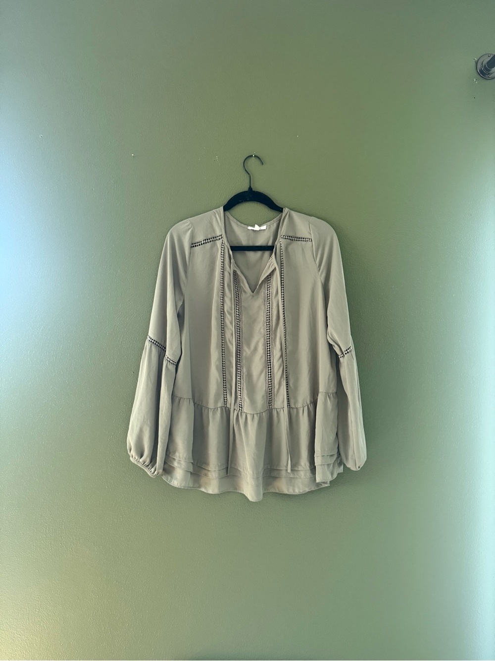 Pleione Sage Peasant Tunic with Lace-Style Trim